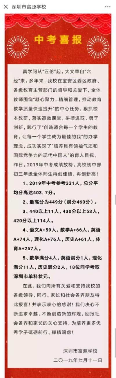 2019年深圳各区部分学校中考成绩一览