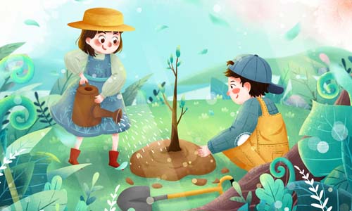 植树节孩子们种树春季环保插画