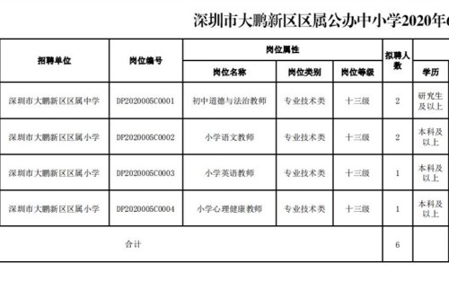 深圳大鹏新区区属公办中小学招聘6名编制教师 6月20日开始报名